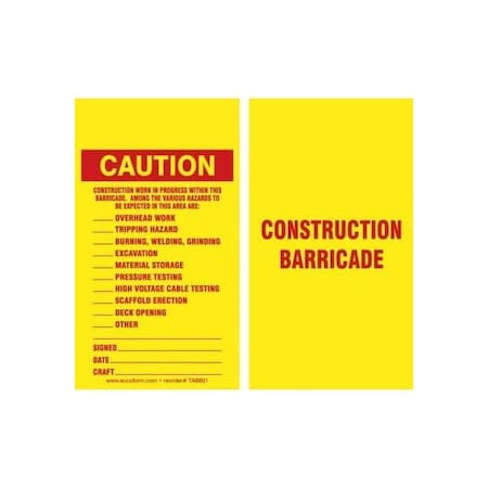 Accuform Safety Tags, CAUTION CONSTRUCTION WORK IN PROGRESS, 5.75in x 3.25in, RP-Plastic, 5PK TAB601PTM